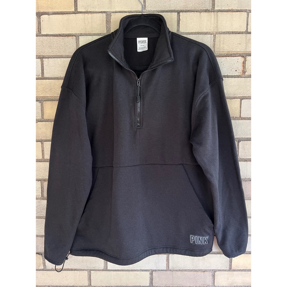 PINK Victoria's Secret Black Quarter Zip Fleece Pullover Sweatshirt Size Medium